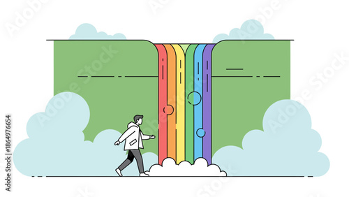 Man Walking Towards Rainbow Waterfall Landscape Dreamscape Adventure Journey