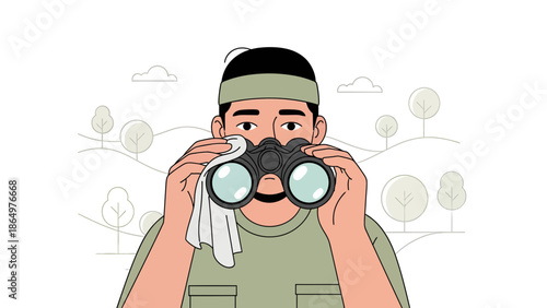 Man Wipes Binoculars For Clear Observation In Outdoor Scenic Landscape