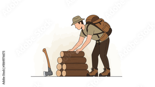 Man With Backpack Collecting Firewood Logs With Axe In Campground Site