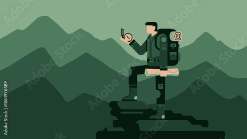 Man With Backpack Navigating Mountain Scenery Using Compass And Map Illustration