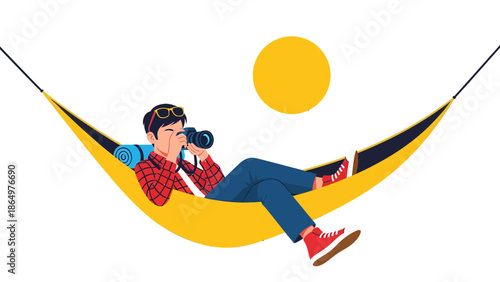 Man Relaxing In Hammock Capturing Moments With Camera Under Warm Summer Sun