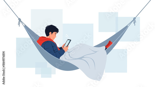 Man Relaxing In Hammock While Using Tablet Under Blanket
