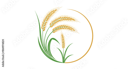 Golden wheat stalks and green leaves arranged in a circular frame representing organic farming and agriculture for natural food products.