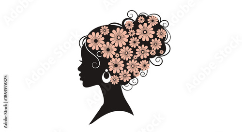 Profile silhouette of a woman with elegant pink flowers decorating her hair and a stylish earring against a plain white background.