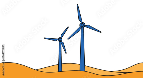 Blue wind turbines standing on golden orange sand dunes under a clear white sky symbolizing renewable energy and sustainable power generation.