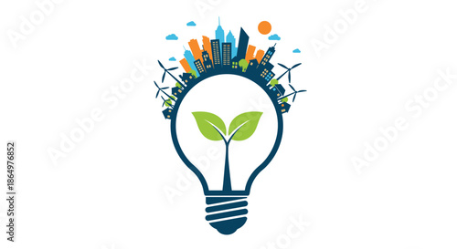 Creative light bulb illustration featuring a green sprout inside and a sustainable city with wind turbines on top for ecological concepts.