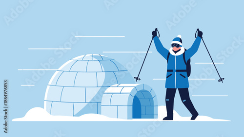 Man With Ski Poles Standing Near Igloo In Arctic Landscape Drawing