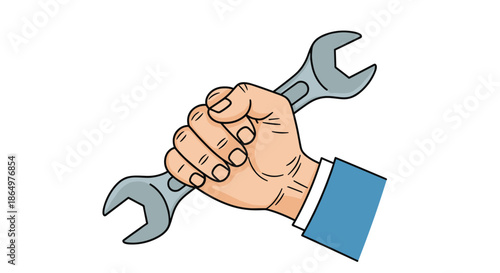 Strong hand in a blue suit sleeve firmly gripping a metal wrench illustrating concepts of repair construction maintenance and manual labor.