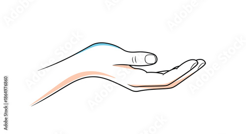 Elegant minimalist outline drawing of a human hand held open and upward as if receiving or offering something on a white background.
