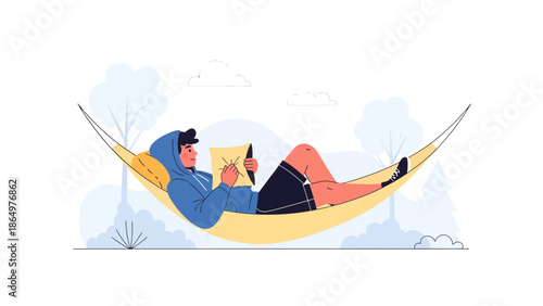 Man Relaxing In Hammock, Reading A Digital Tablet In Outdoor Peaceful Scenery