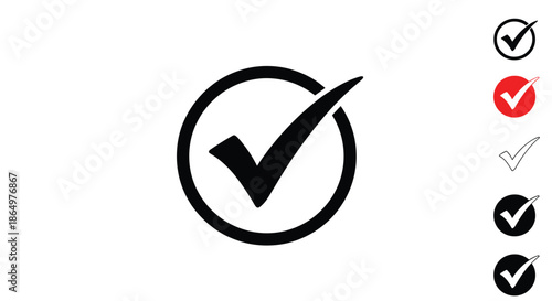 Collection of check mark icons in various styles including a prominent black tick in a circle for representing task completion and success.