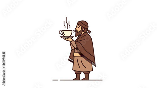 Man With Traditional Outfit Smelling Hot Coffee Cup On A White Background