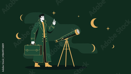 Man With Telescope Seeking Opportunity In The Night With Stars And Moon