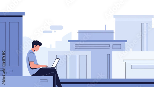 Man Working Remotely On Laptop At Rooftop In City Background Illustration