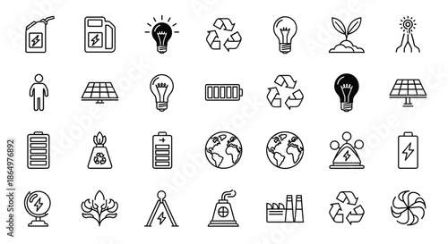 Large collection of diverse icons related to energy ecology and environment including solar panels wind turbines batteries and light bulbs.