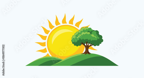 Vibrant landscape illustration of a bright yellow sun rising or setting behind rolling green hills with a single leafy tree in front.