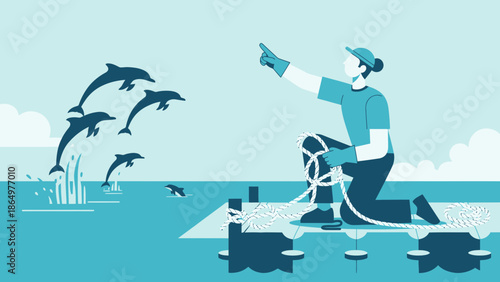 Marine Biologist Guiding Dolphins Jumping Near Pier In Ocean Conservation Vector
