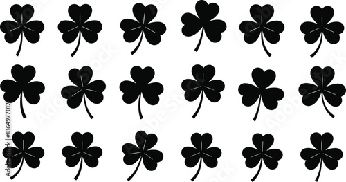 St. Patrick's Day clover silhouette set, three leaf shamrock icons for luck and Irish heritage, green celebration symbols, and spring nature vector illustration.