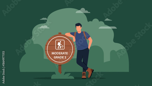 Man Resting After Hiking Moderate Grade Trail On Nature Mountain Scene