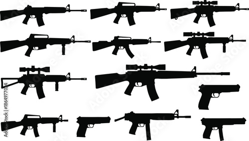 Tactical weapon silhouette set including assault rifles, sniper carbines, and semi-automatic pistols for military, law enforcement, shooting sports, and security force vector illustration