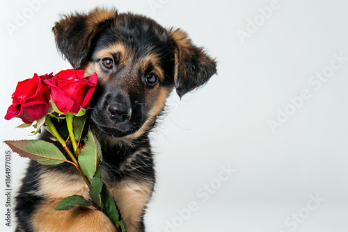 Adorable Puppy Holding Red Roses for Valentine’s Day Studio Portrait