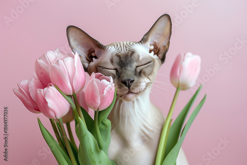 Elegant Sphynx Cat with Pink Tulips for Valentine’s Day on Pastel Background