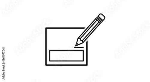 Simple line drawing illustration of a pencil signing a rectangular box representing a contract signature or a vote for business.