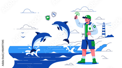 Marine Biologist Monitoring Dolphin Activity Near Coastline With Rising Sea Levels