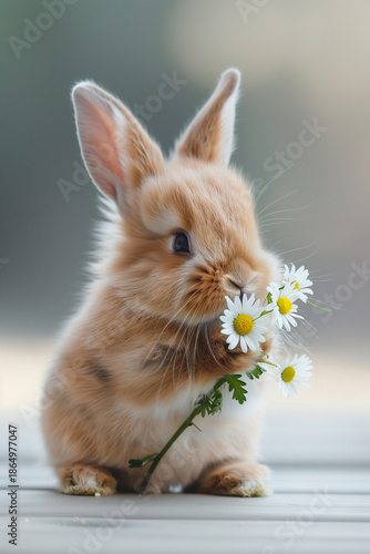 Baby Bunny Holding Daisy Flower for Valentine’s Day in Minimal Studio Setting