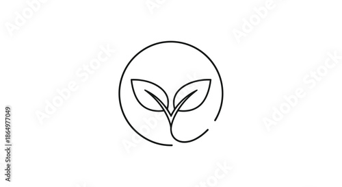 Minimalist line art illustration of a young sprout with two leaves enclosed in a circular frame symbolizing growth and nature.