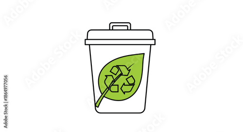 Waste management and sustainability concept with recycling symbol on a green leaf inside a white trash bin illustration.