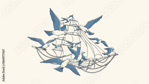 Maritime Harmony: Sailing Ship And Soaring Seagulls Illustration On Clear Backdrop