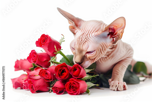 Hairless Sphynx Cat with Red Roses for Valentine’s Day on White Background