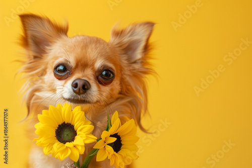 Long-Haired Chihuahua with Sunflowers for Valentine’s Day on Yellow Background