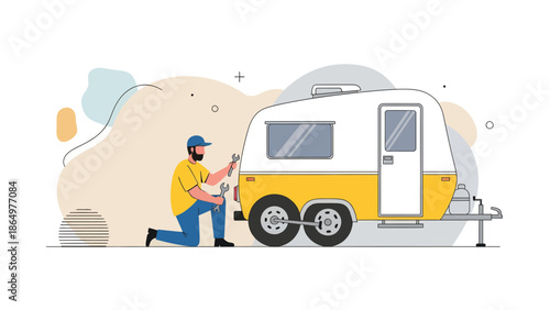 Mechanic Fixing A Vintage Caravan On A Bright Summer Day Illustration