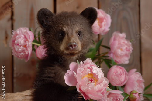 Baby Bear Cub with Pink Flowers for Valentine’s Day Rustic Setting