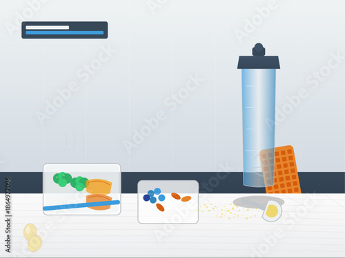 Preparing a healthy snack with fruits, vegetables, and a blender on a simple kitchen counter setting