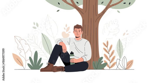 Man Resting Under Tree Enjoying Nature Flat Vector Illustration Scene