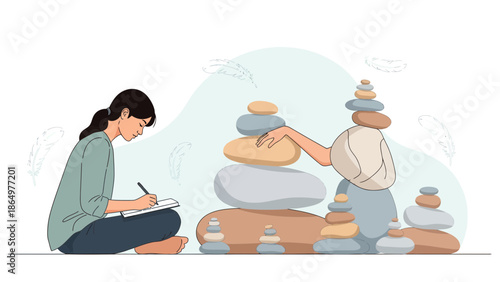 Meditative Balance: Woman Writing While Balancing Harmony Stones For Clarity