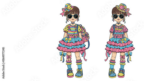 Two fashion illustrations of a young girl in a brightly colored, layered, and frilly outfit with sunglasses, showcasing playful style.