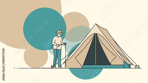 Man Setting Up Tent For Outdoors Recreation Or Camping In Minimalist Style