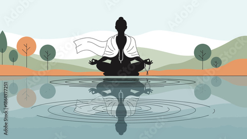 Meditative Serenity: A Mindful Silhouette Amidst Tranquil Lakeside Landscape