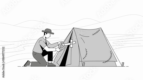 Man Setting Up Tent On Outdoors Minimalist Illustration Adventure Camping