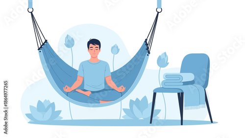 Meditative Tranquility Man Enjoys Serene Calm In A Hammock Surrounded By Lotus Blooms