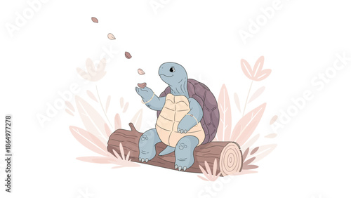 Meditative Turtle Sitting On Log Surrounded By Floral Accents Throwing Seed