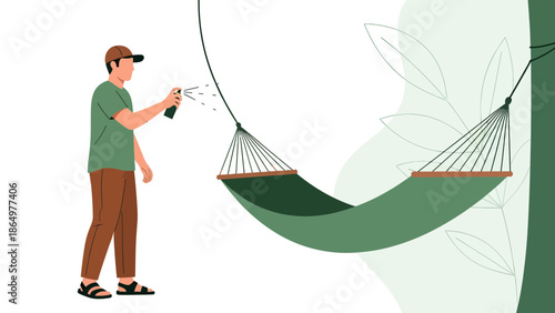 Man Spraying Insect Repellent On Hammock Preparing For Relaxing Outdoor Recreation