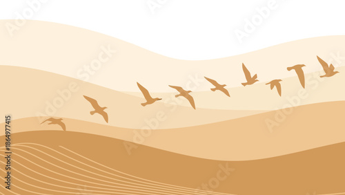 Migratory Birds Flying Above Dunes In A Neutral Colored Landscape Scene