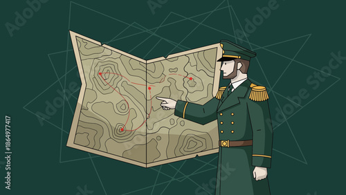 Military Officer Strategic Planning With Topographic Map Analysis Illustration