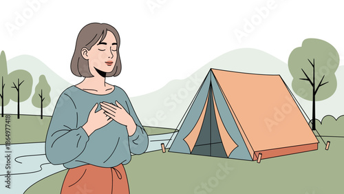 Mindful Camping Retreat Woman Seeking Inner Peace During Outdoor Adventure