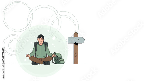 Mindful Hiker Meditating By Trail Sign Seeking Clarity And Direction During Journey